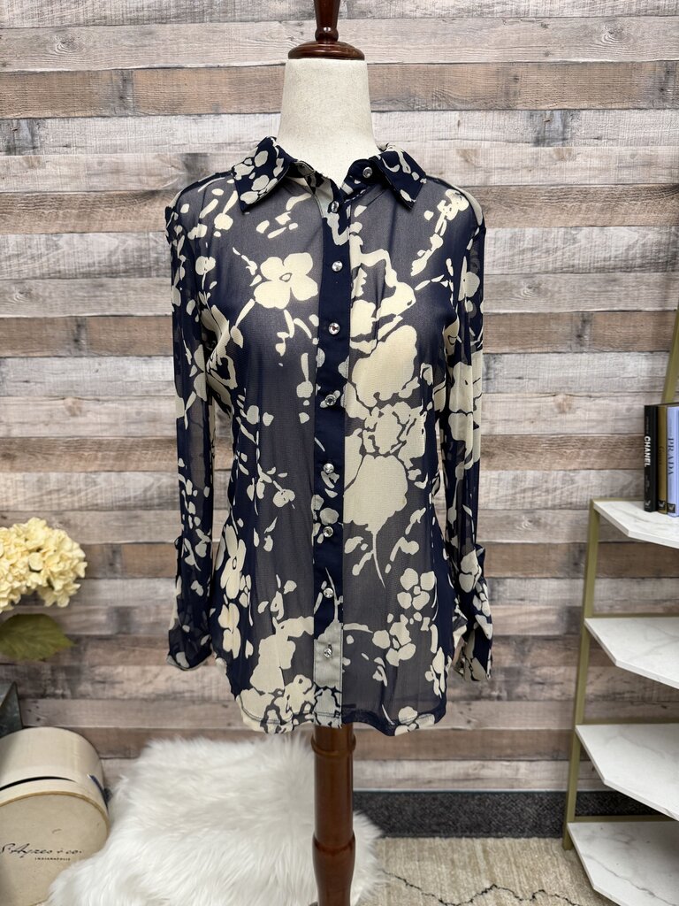 INC navy mesh floral button up blousr