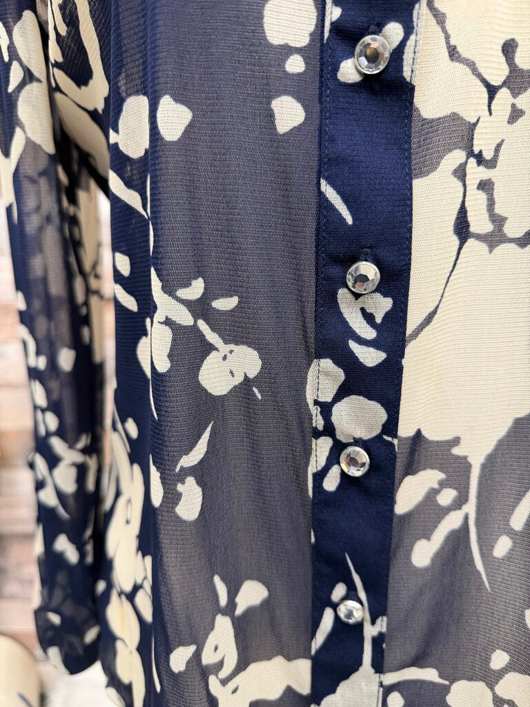 INC navy mesh floral button up blousr