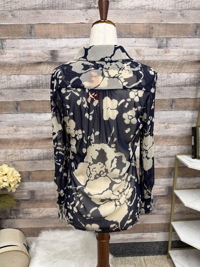 INC navy mesh floral button up blousr