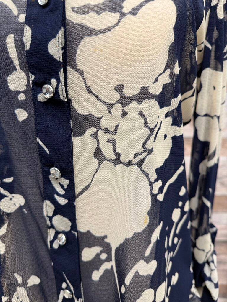 INC navy mesh floral button up blousr