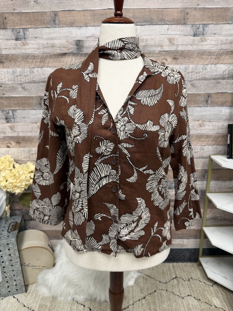 Peck and Peck brown floral linen long sleeve top with scarf