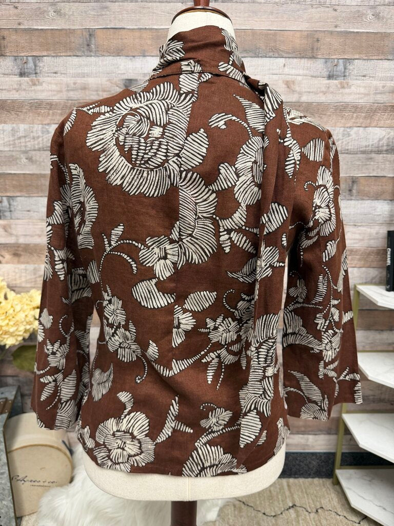 Peck and Peck brown floral linen long sleeve top with scarf