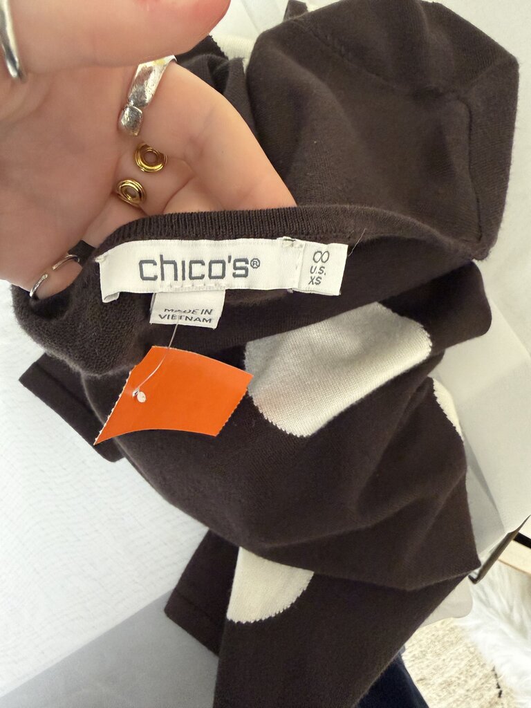 Chicos brown with large white polka dot v-neck sweater