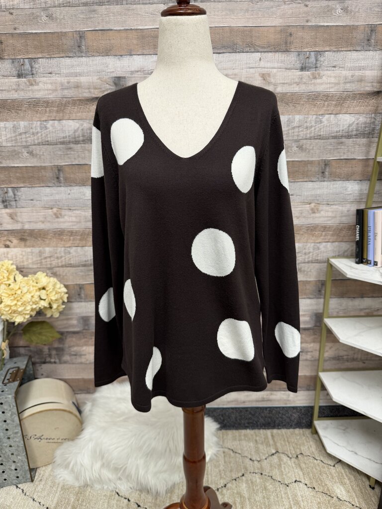 Chicos brown with large white polka dot v-neck sweater