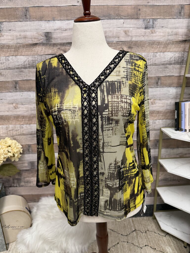 Alfani yellow abstract v-neck blouse with beading NWT