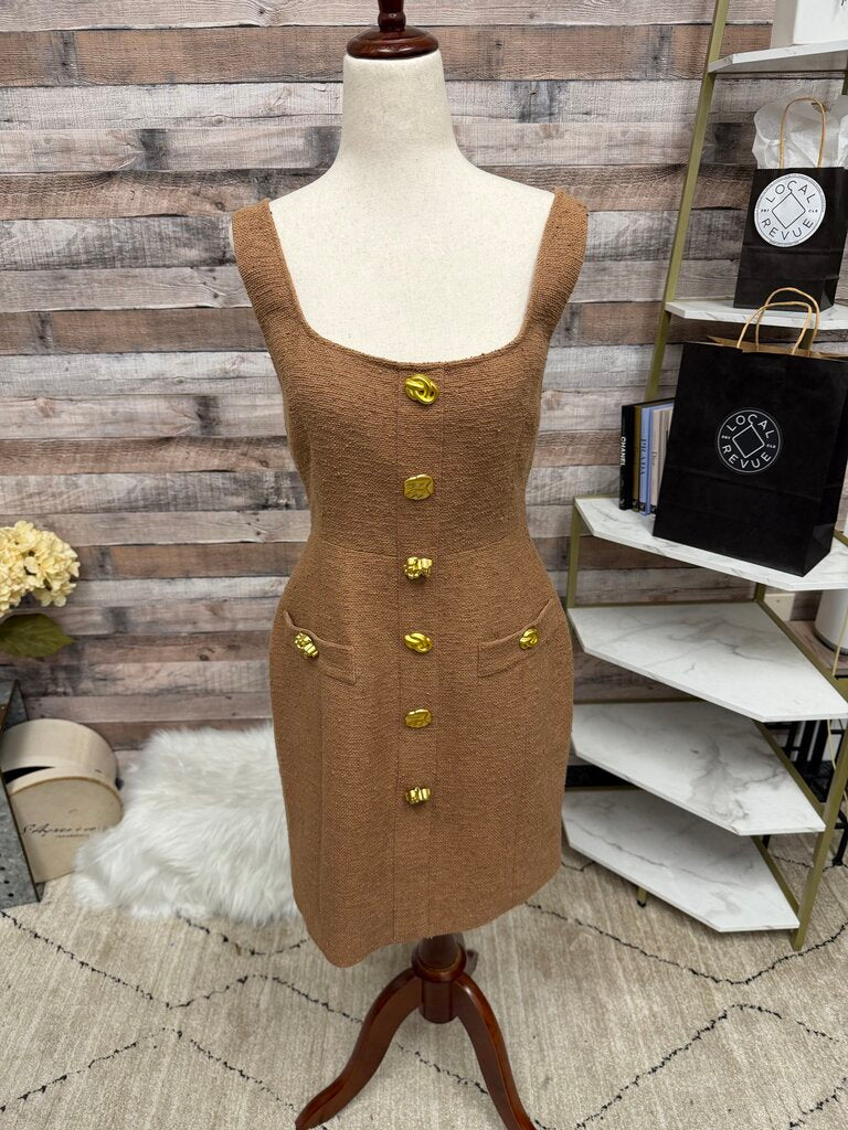 NWT L'Agence Brown Tweed Sleeveless Mini Dress With Gold Buttons