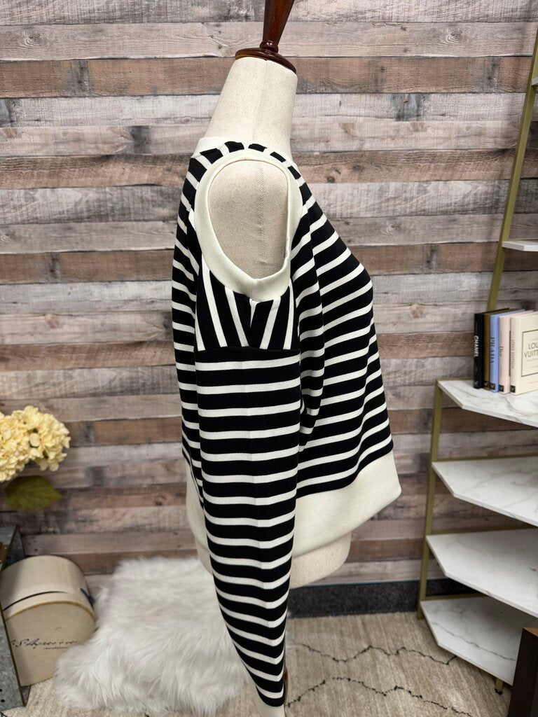 Spanx black with white stripes sweater with cut out shoulder