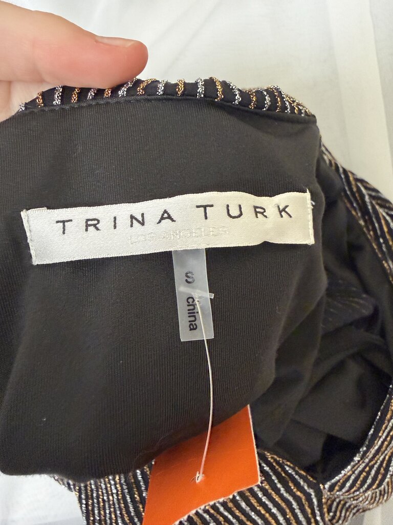 Trina Turk gold/silver metallic strip wrap dress