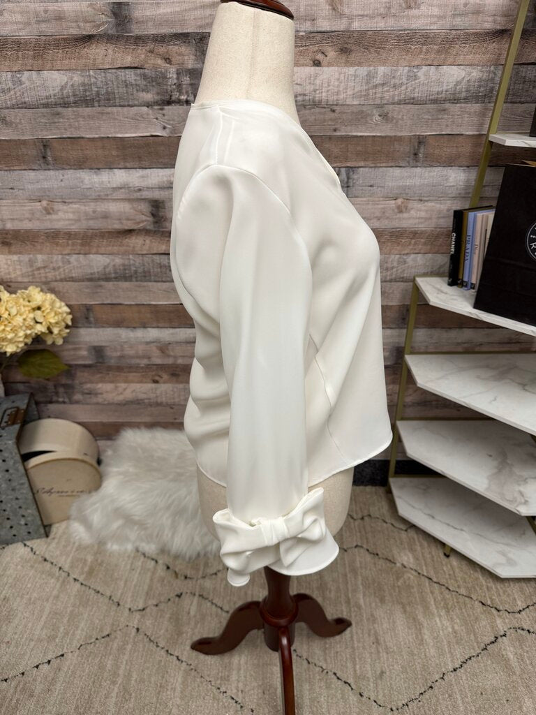 Zara White V-neck Blouse with Bow Sleeves