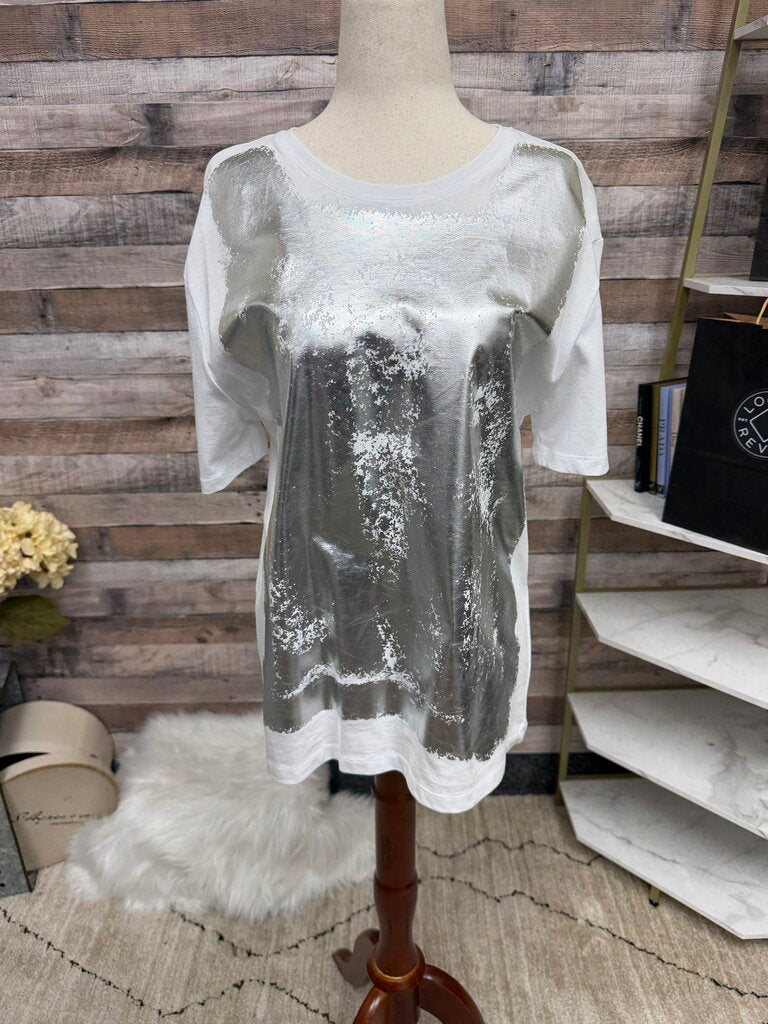 Zara White T Shirt with Metallic Graphic