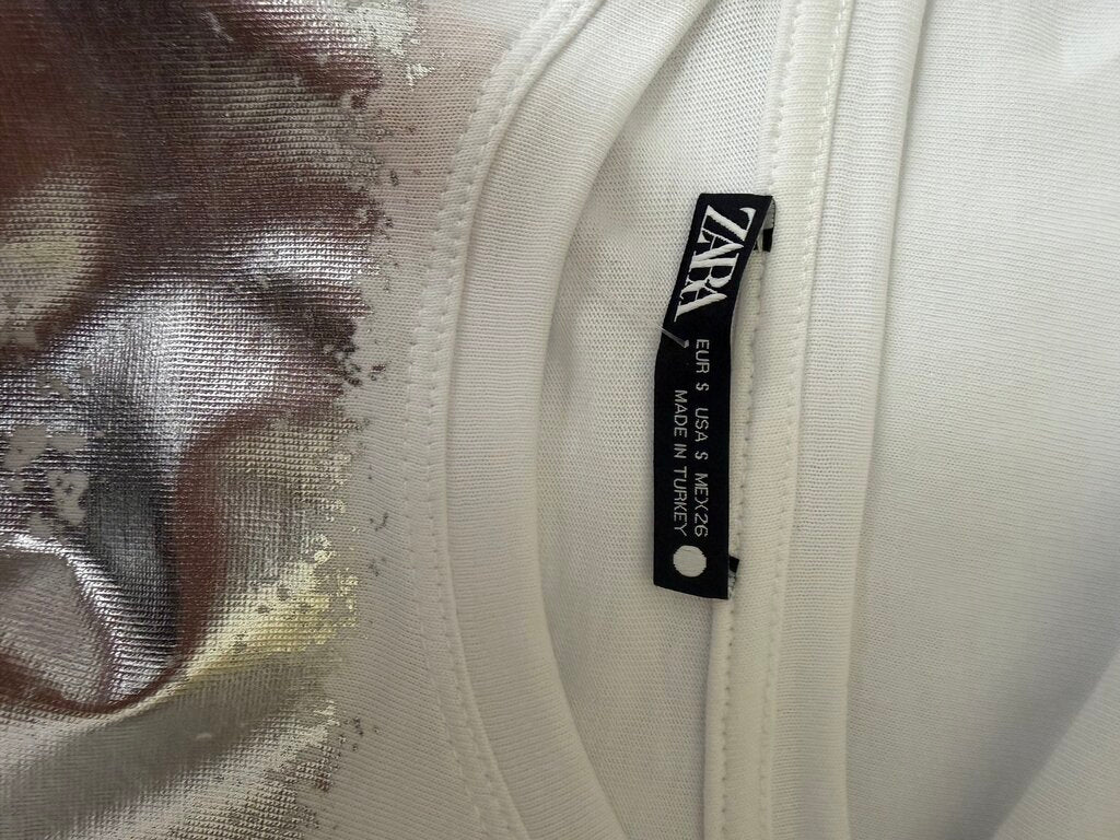 Zara White T Shirt with Metallic Graphic
