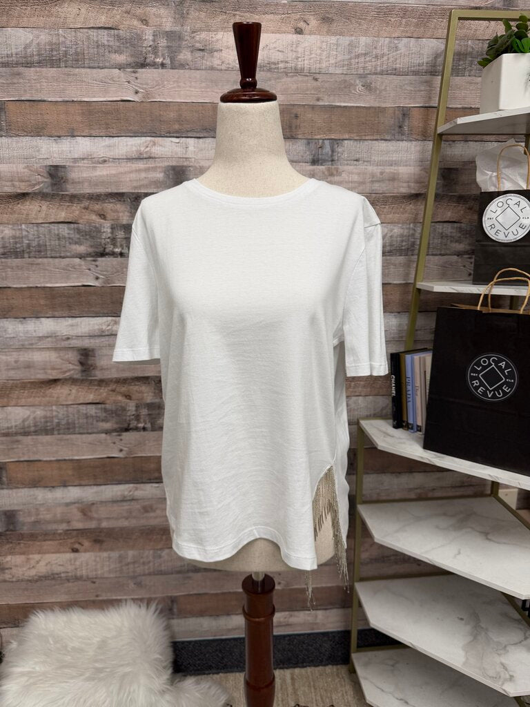 Zara White T Shirt with Tassel Hem Detail