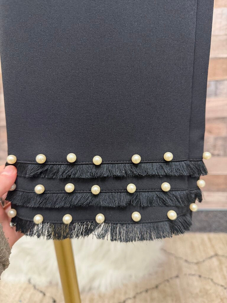 Zara Black Crop Pant with Pearl and Fringe Hem