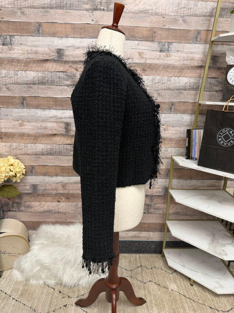 Zara Black Crop Blazer with Fray and Bead Trim