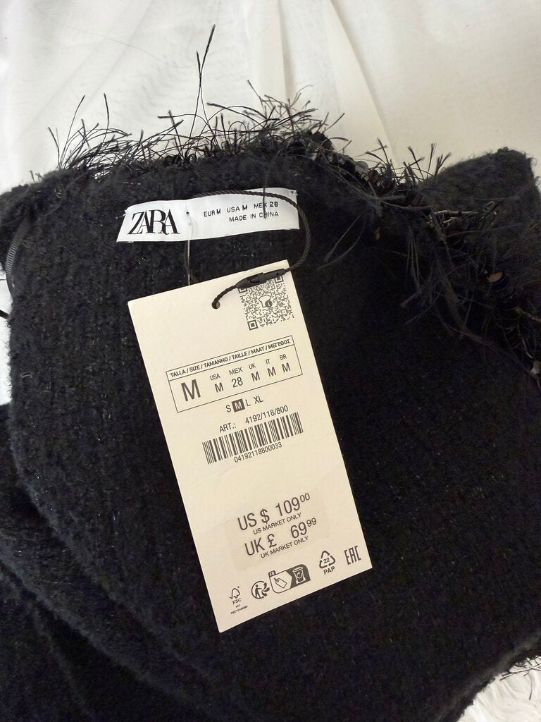 Zara Black Crop Blazer with Fray and Bead Trim