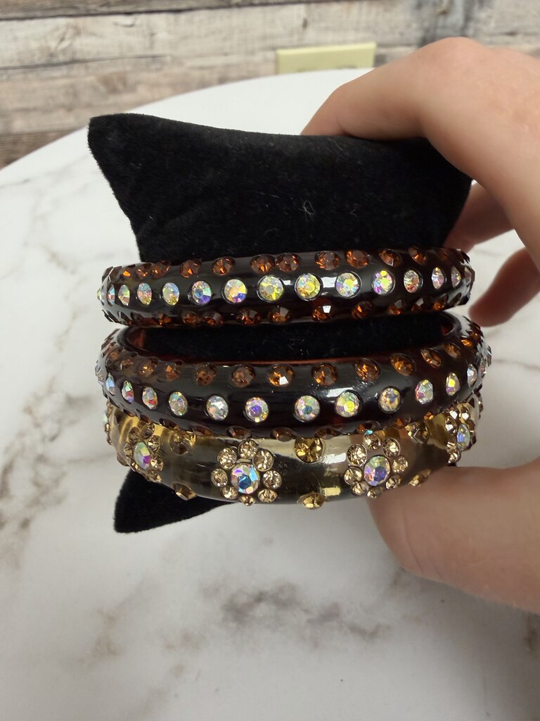No label brown/tan resin and rhinestone stakable bangles