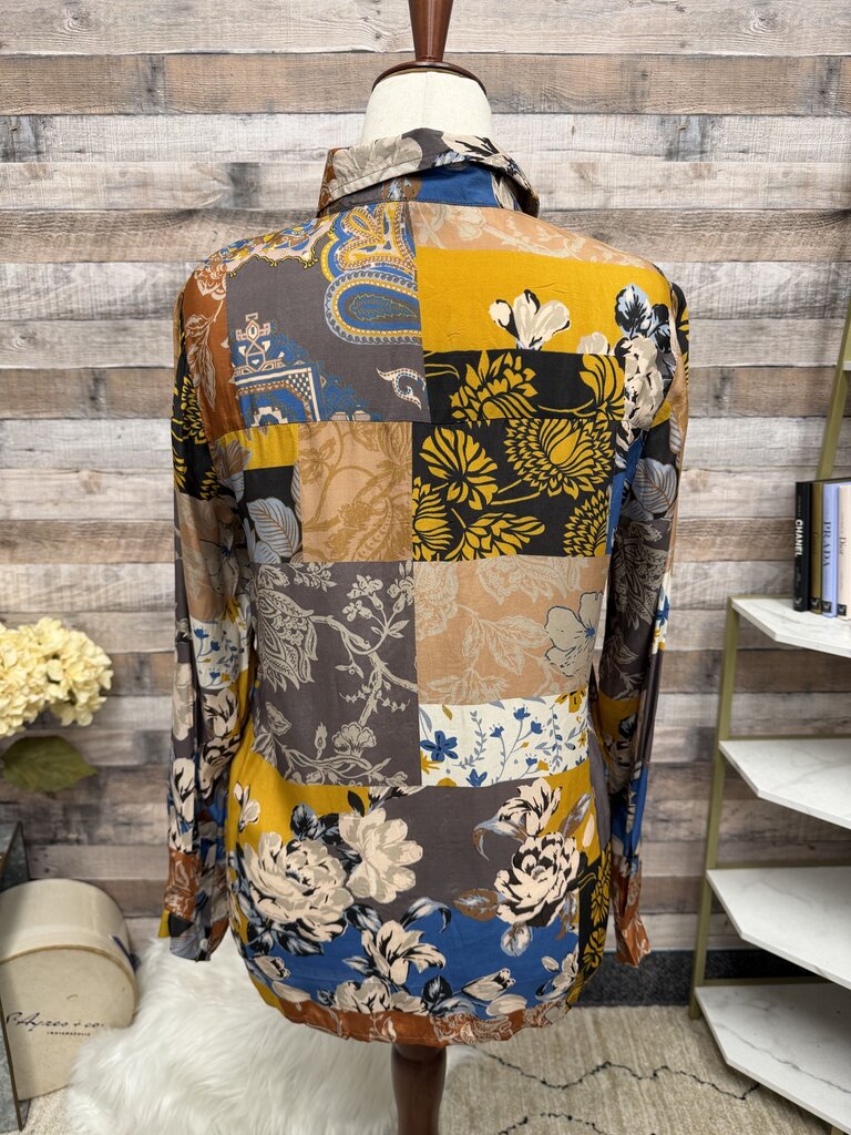Tolani multi color floral print long sleeve button up silk blouse