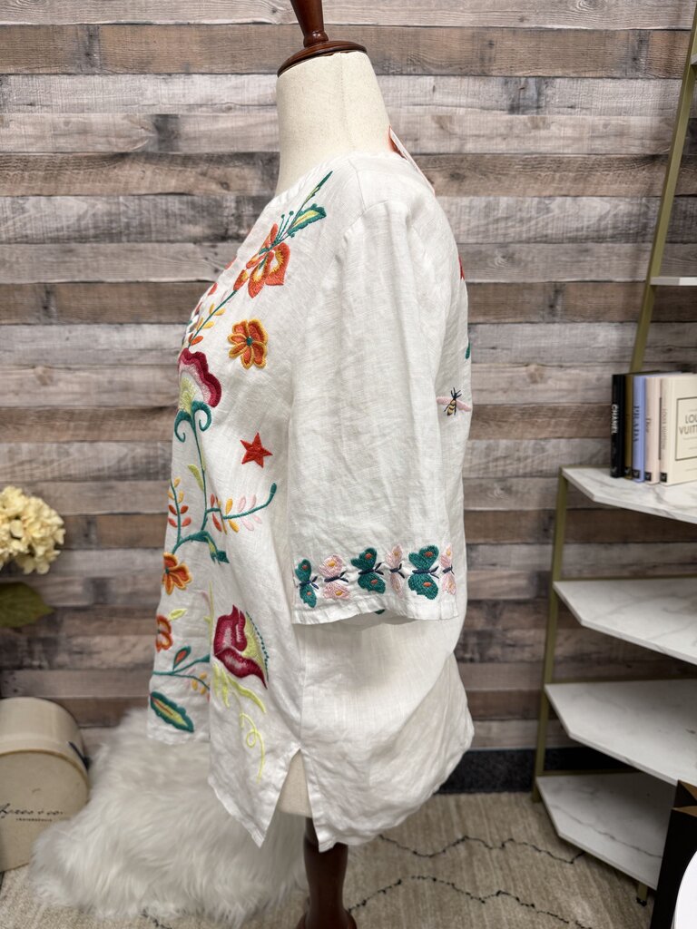 Johnny Was floral embroidery linen blouse w/ v neck