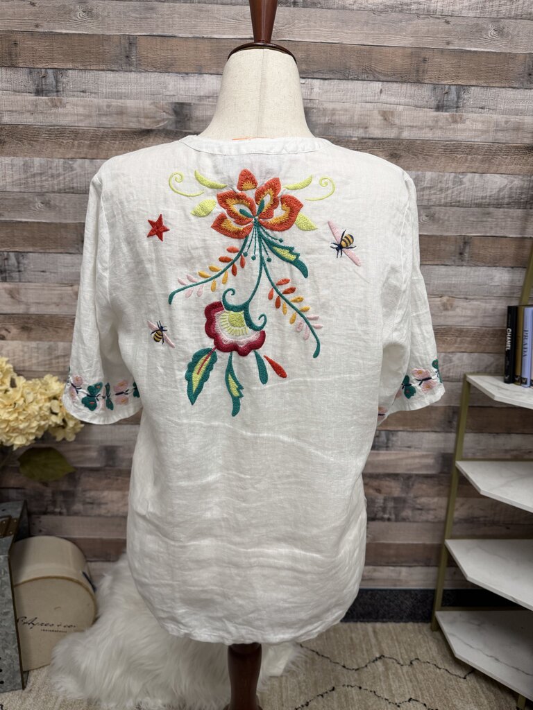 Johnny Was floral embroidery linen blouse w/ v neck