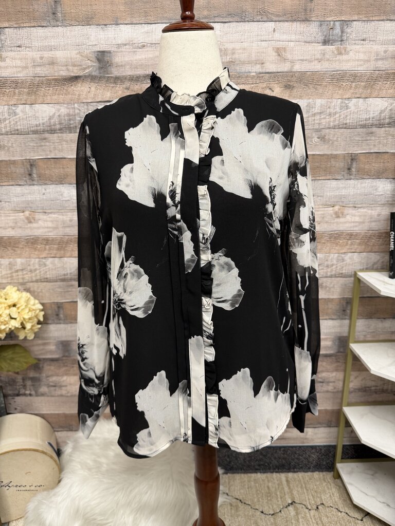 Calvin Klein black with floral print long sleeve with ruffle detail