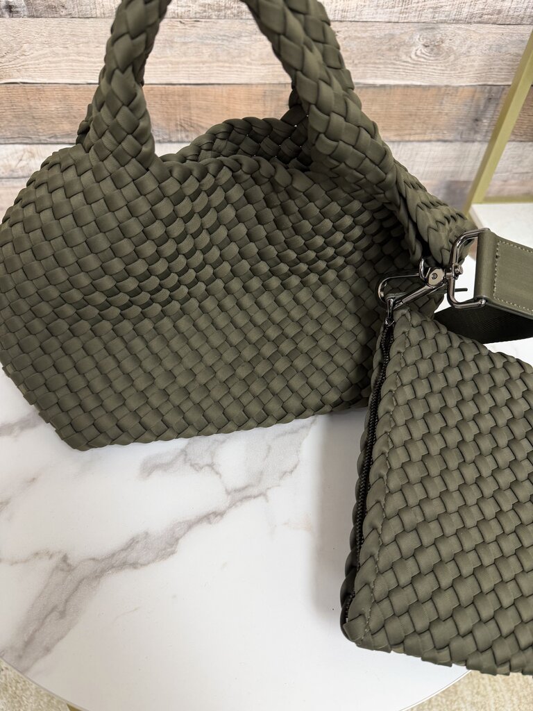 Naghedi Olive Green Neoprene Woven Tote w/Matching Clutch
