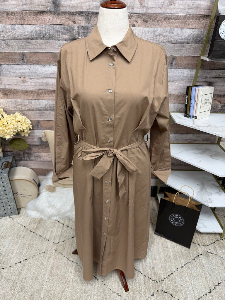 DKNY tan linen blend shirt dress, belted midi dress