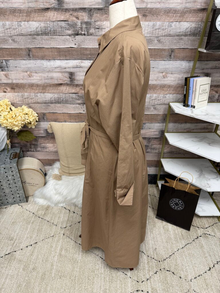 DKNY tan linen blend shirt dress, belted midi dress
