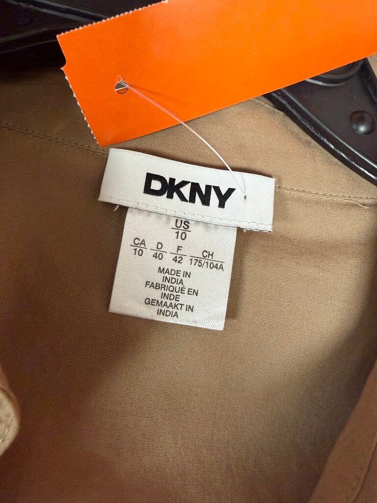 DKNY tan linen blend shirt dress, belted midi dress
