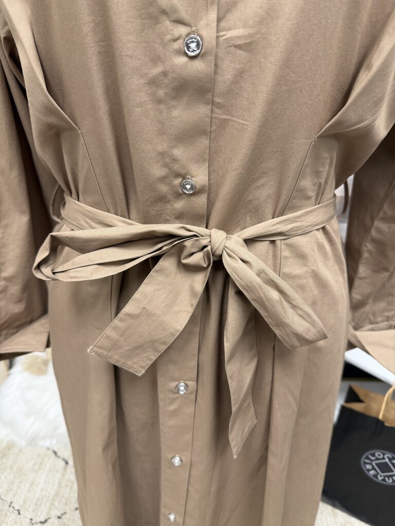 DKNY tan linen blend shirt dress, belted midi dress