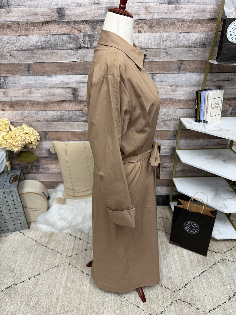 DKNY tan linen blend shirt dress, belted midi dress
