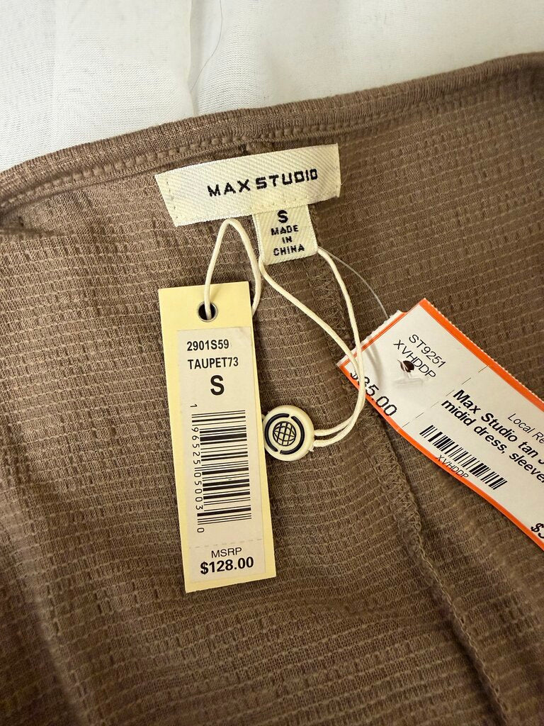 Max Studio tan Jersey knit midid dress, sleeveless v-neck w/ ruched side NWT