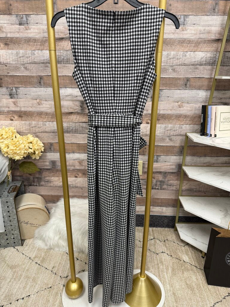 Calvin Klein black white gingham sleeveless belted wide leg jumpsuit