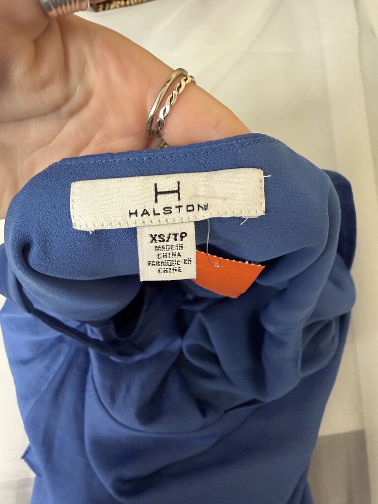 Halston blue summer dress v neck asymmetrical hem