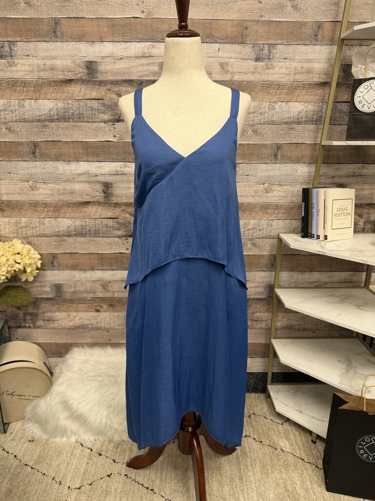 Halston blue summer dress v neck asymmetrical hem