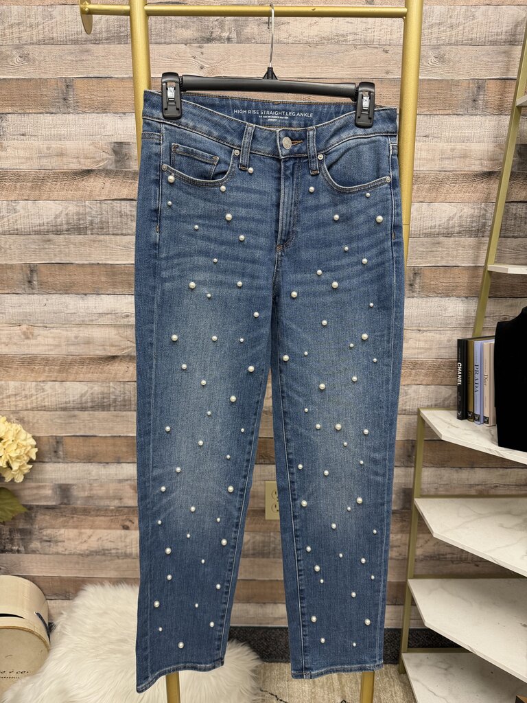 Chicos pearl embellished high rise straight leg ankle jeans