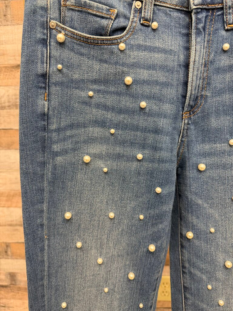 Chicos pearl embellished high rise straight leg ankle jeans