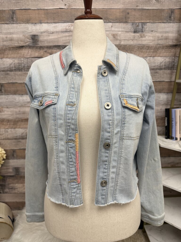 Tribal Jeans light wash crop denim jacket with coral stitching