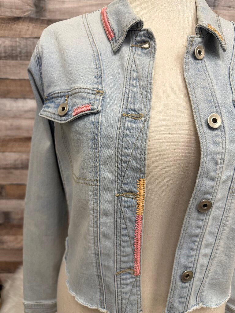 Tribal Jeans light wash crop denim jacket with coral stitching