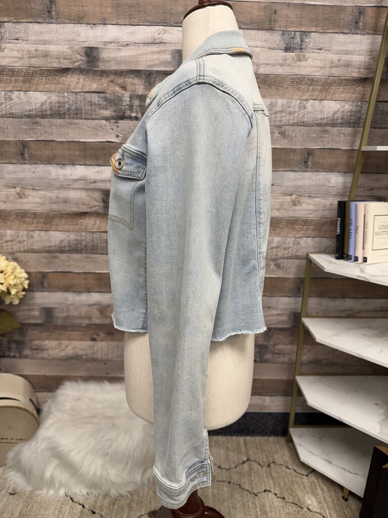 Tribal Jeans light wash crop denim jacket with coral stitching