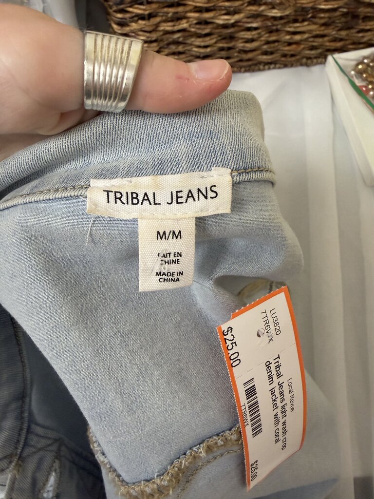 Tribal Jeans light wash crop denim jacket with coral stitching