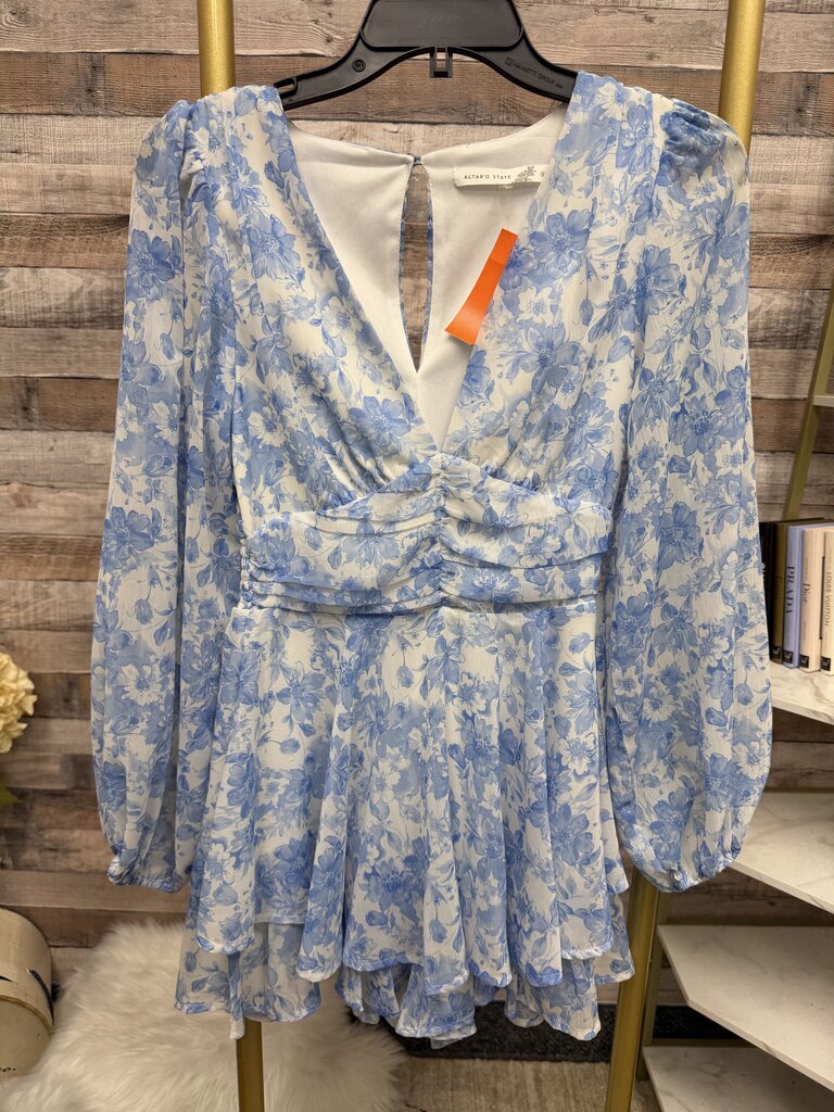 Altar'd State blue/white floral print peplum top long sleeve dress