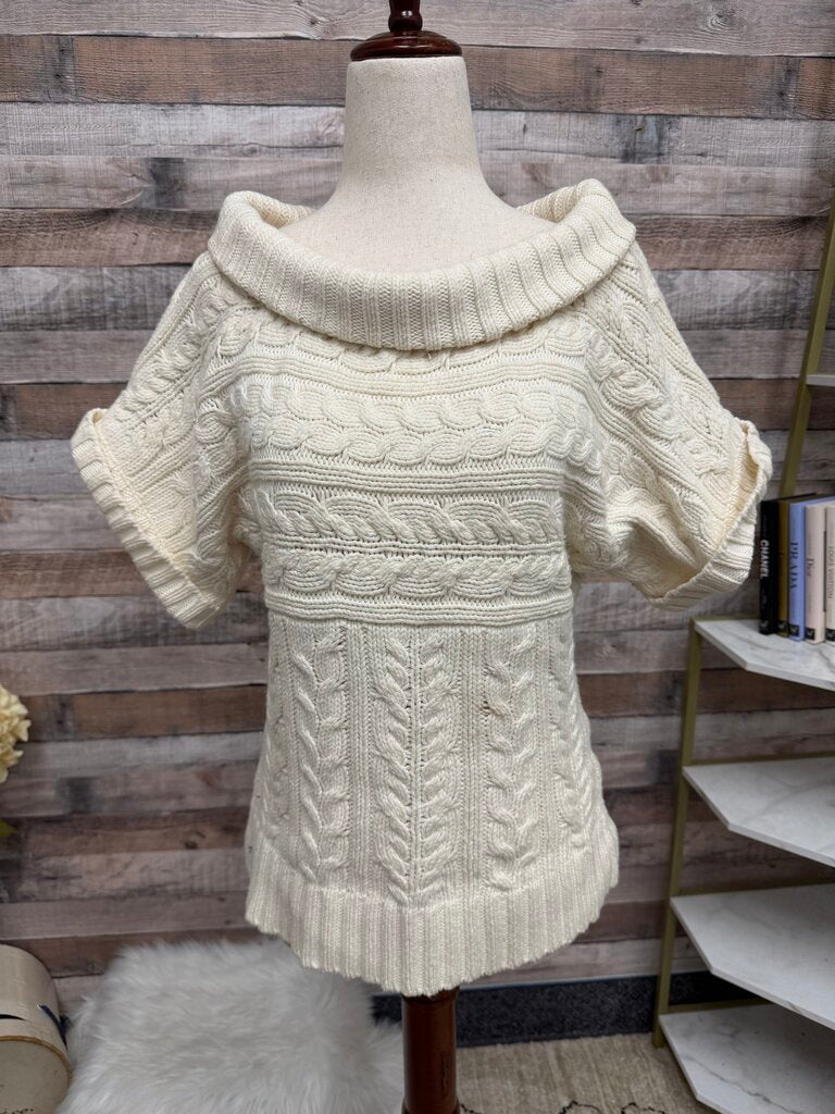 Express cream cotton cable knit cowl neck short sleeve sweater