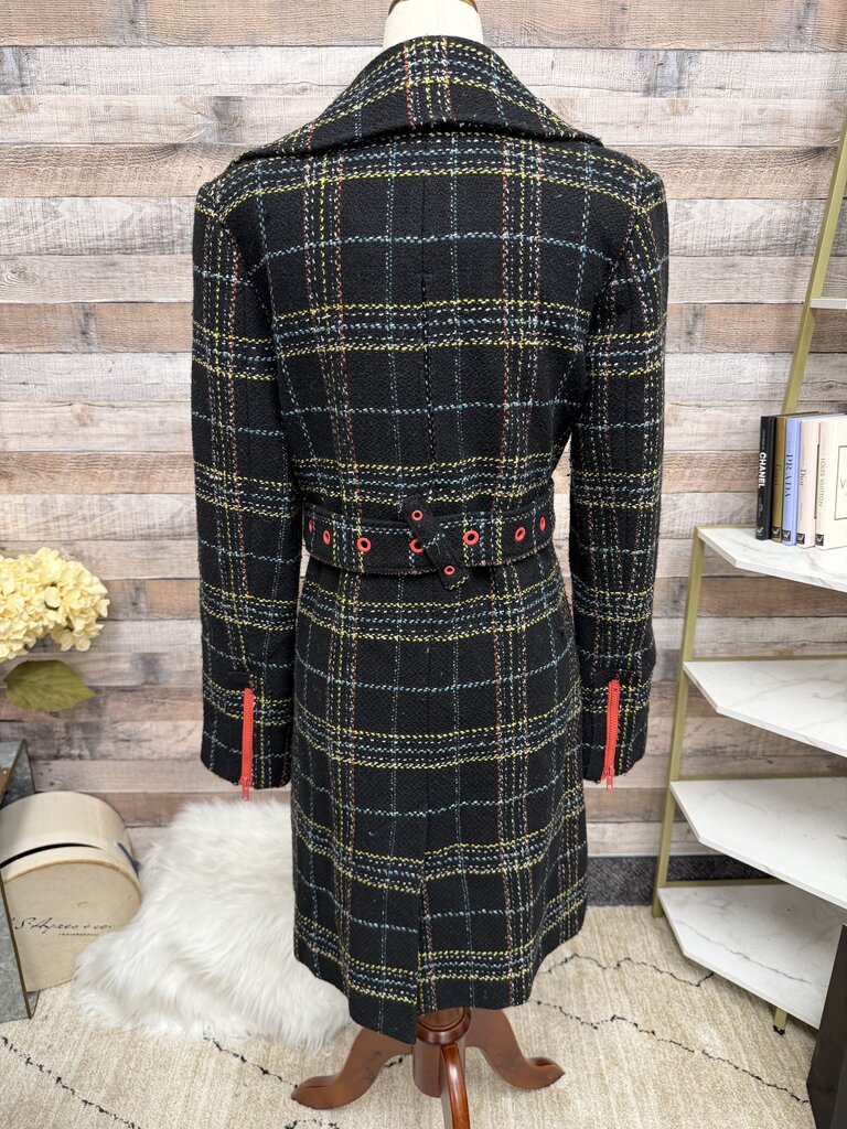 Guess black plaid w/red detail double breasted trench with belt