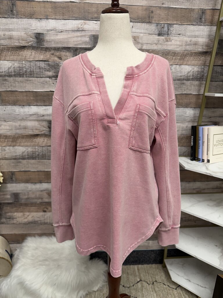 Jane + Delancey pink waffle knit Henley top with distressed details