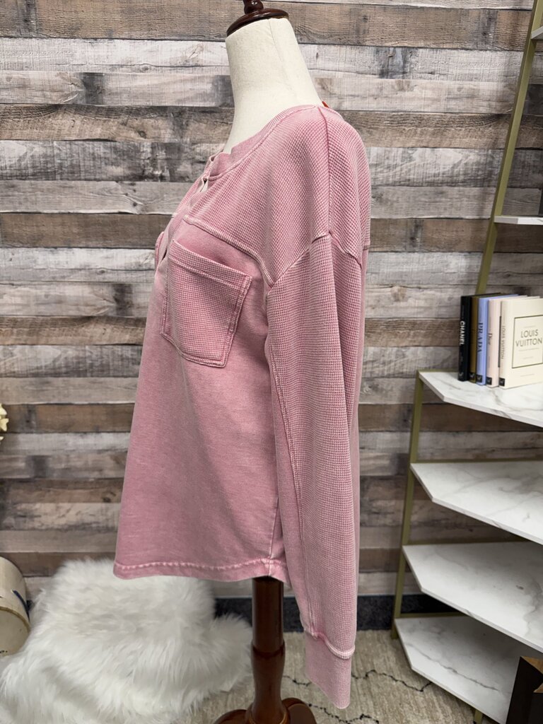 Jane + Delancey pink waffle knit Henley top with distressed details