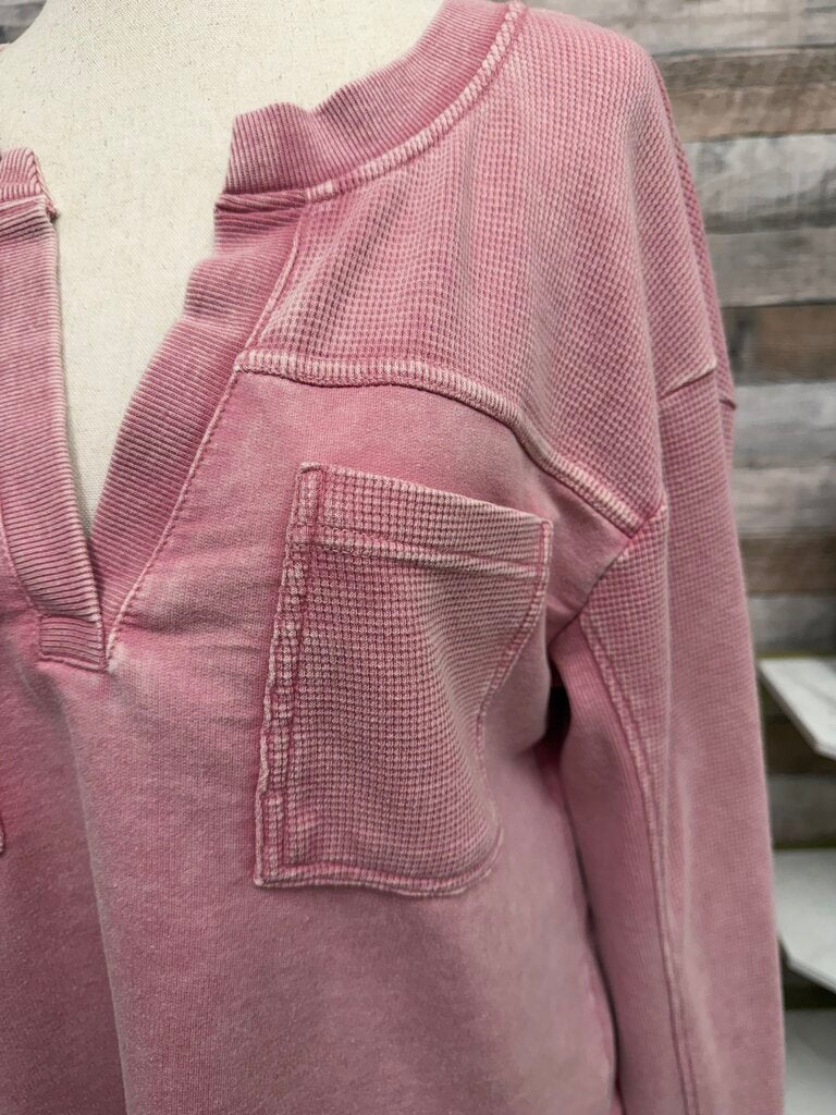Jane + Delancey pink waffle knit Henley top with distressed details