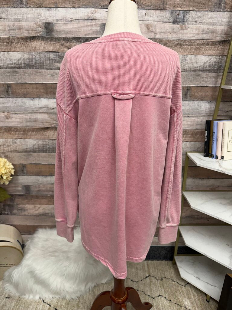 Jane + Delancey pink waffle knit Henley top with distressed details