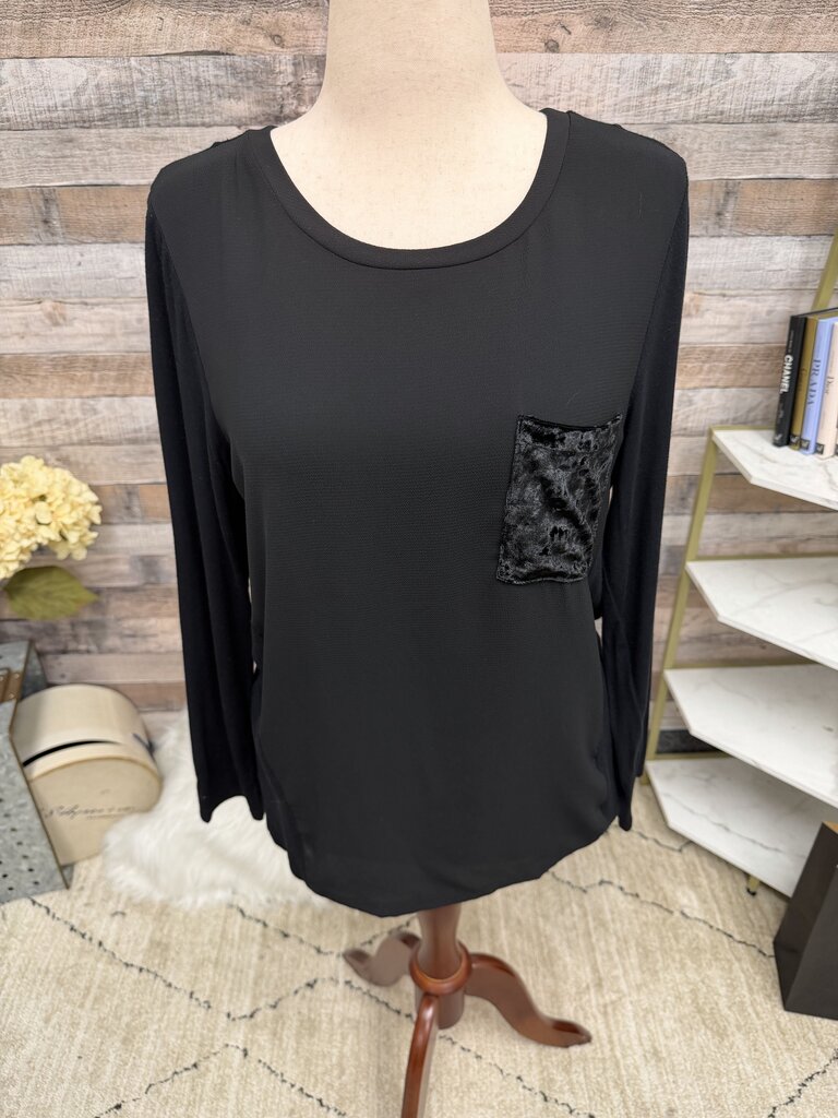 New York Collection black with velvet pocket long sleeve shirt