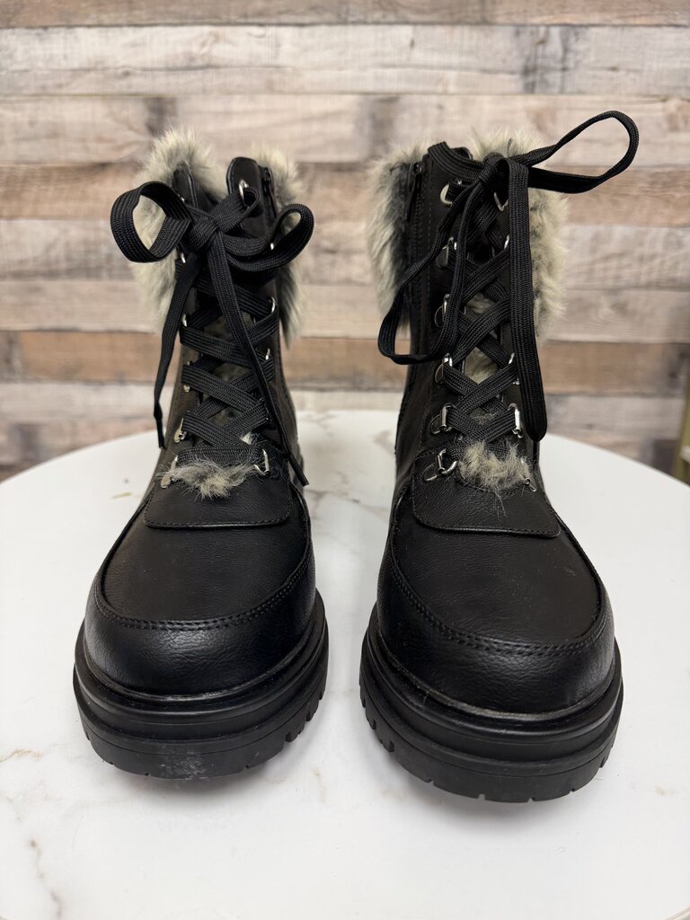 Sun +Stone faux leather combat boot with faux fur trim
