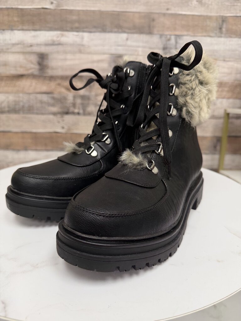 Sun +Stone faux leather combat boot with faux fur trim
